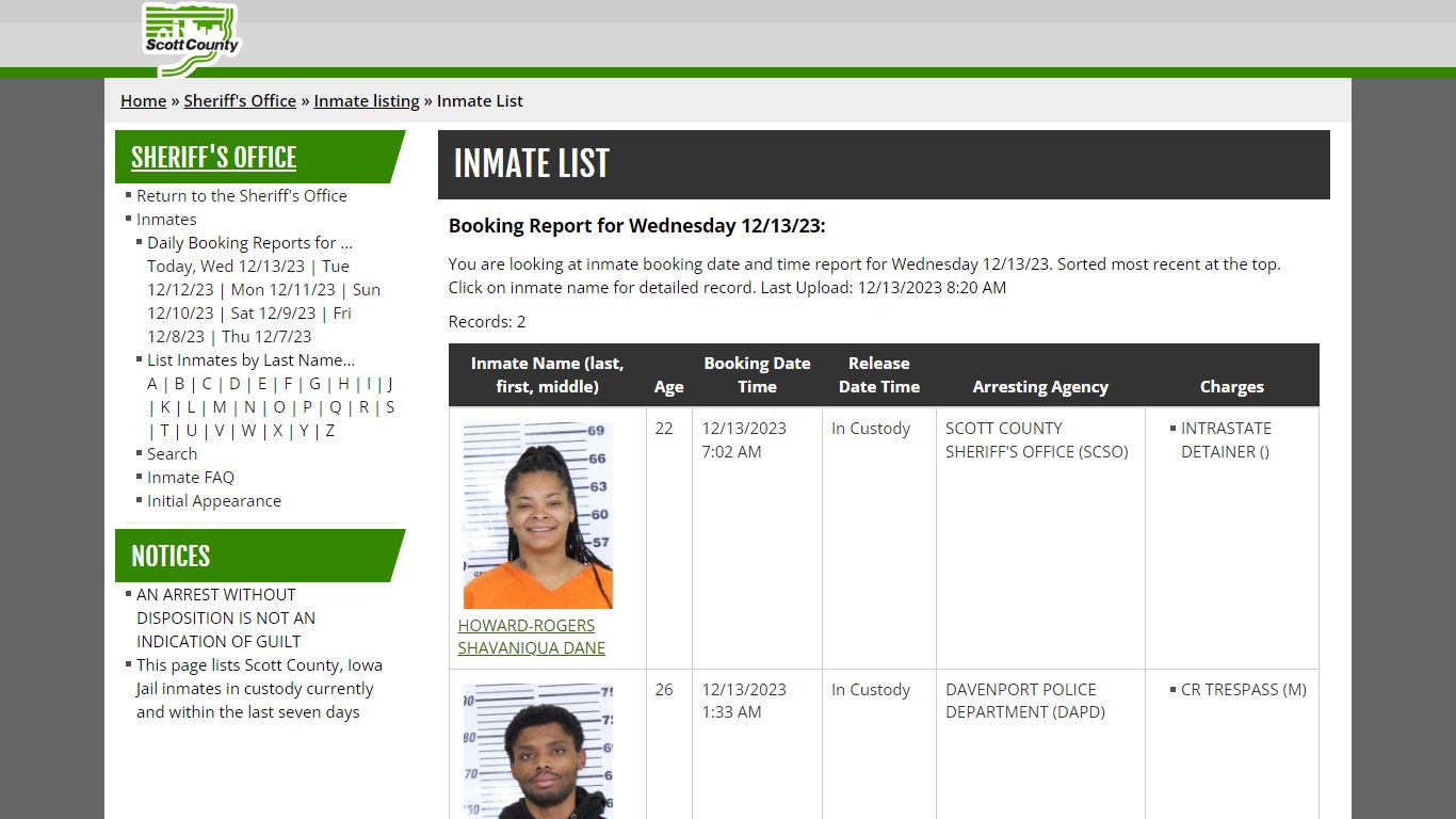 Inmate List - Scott County, Iowa