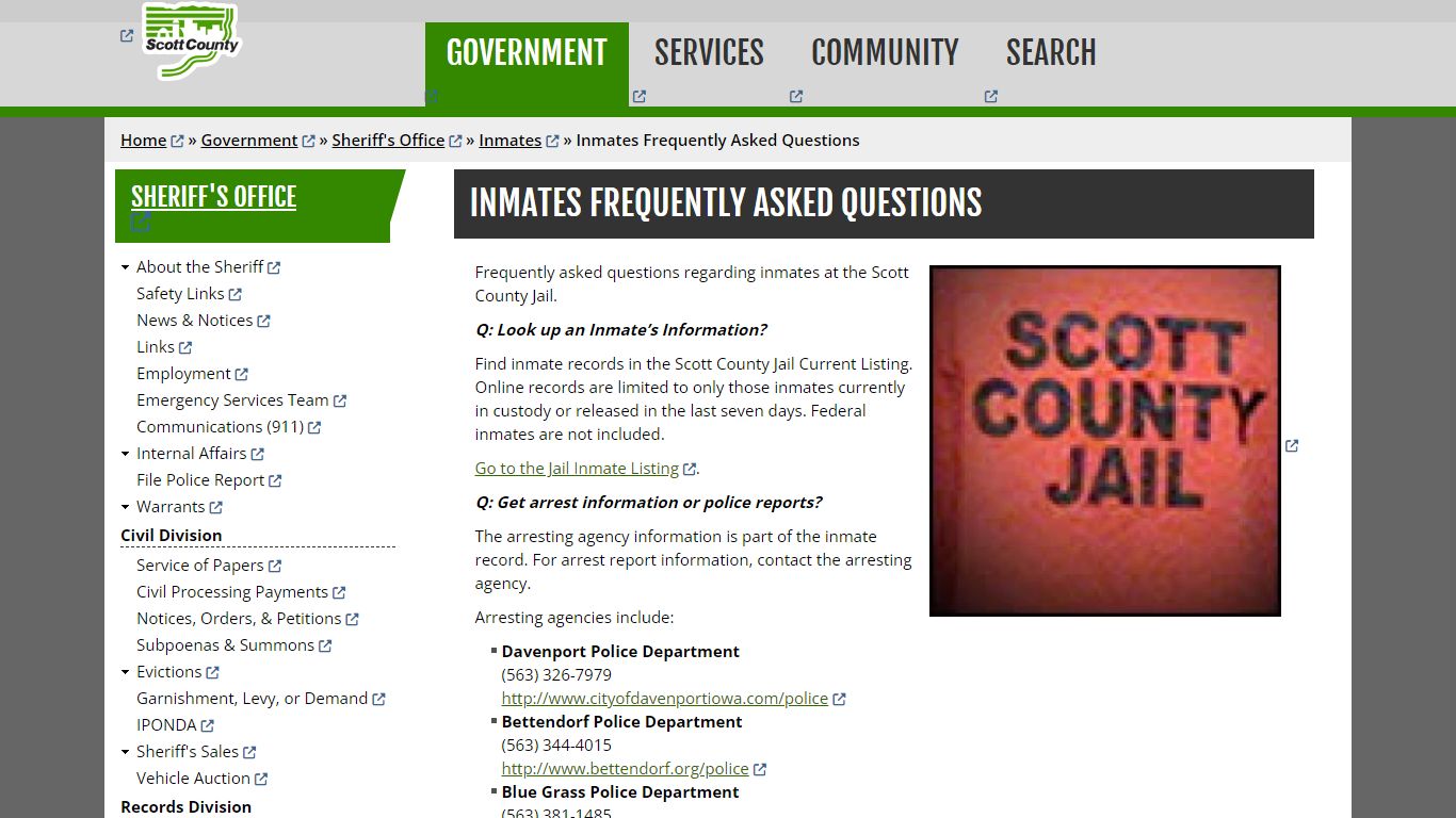 Inmates Frequently Asked Questions | Scott County, Iowa